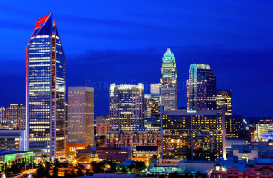 Charlotte NC skyline photography updated May 21, 2011. Skyscrapers in image include Duke Energy Center tower (left), Bank of America tower (tall in center) and Wells Fargo tower (right, rounded top). For research help in locating stock images or Charlotte NC photos available for purchase or licensing, please call 704-655-2661.